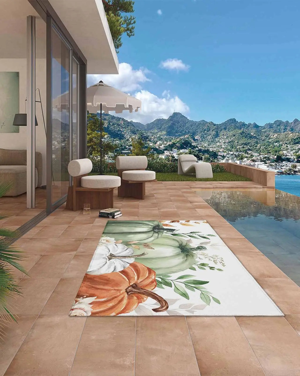 VIKAMA Outdoor Area Rugs for Patio Autumn Pumpkin Non Shedding Washable Carpet for Backyard Balcony Living Room Home Decoration