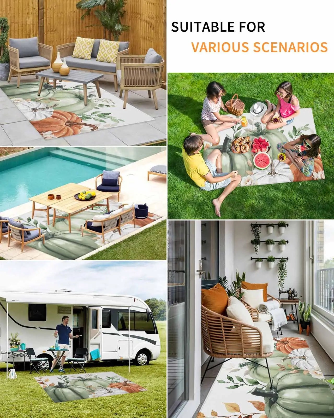 VIKAMA Outdoor Area Rugs for Patio Autumn Pumpkin Non Shedding Washable Carpet for Backyard Balcony Living Room Home Decoration
