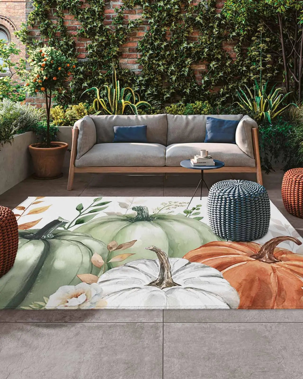 VIKAMA Outdoor Area Rugs for Patio Autumn Pumpkin Non Shedding Washable Carpet for Backyard Balcony Living Room Home Decoration